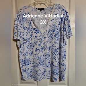 Adrienne Vittadini White Top with Blue Floral Print and Lace Trim - 3X